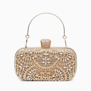 NEW Verano Hill Flower Clutch Evening Bag Rhinestones, Shoulder Strap, Gold